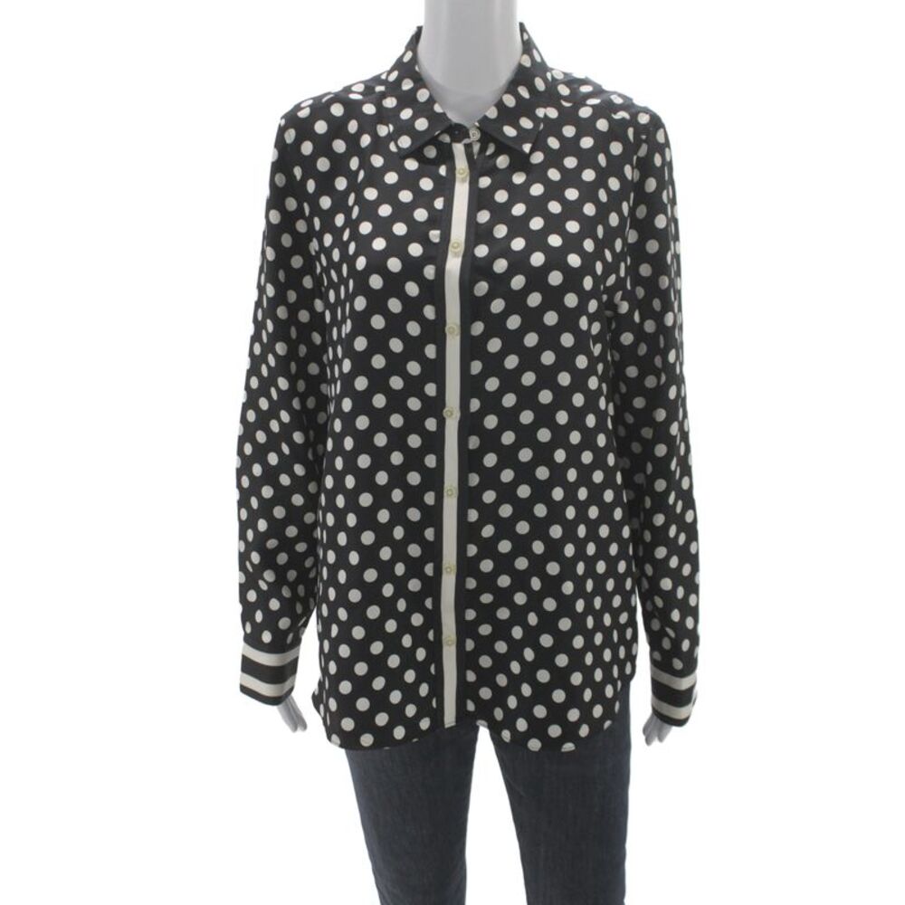 Kate Spade New York Women Silk Polka Dot Collared Long Sleeve Blouse Size L